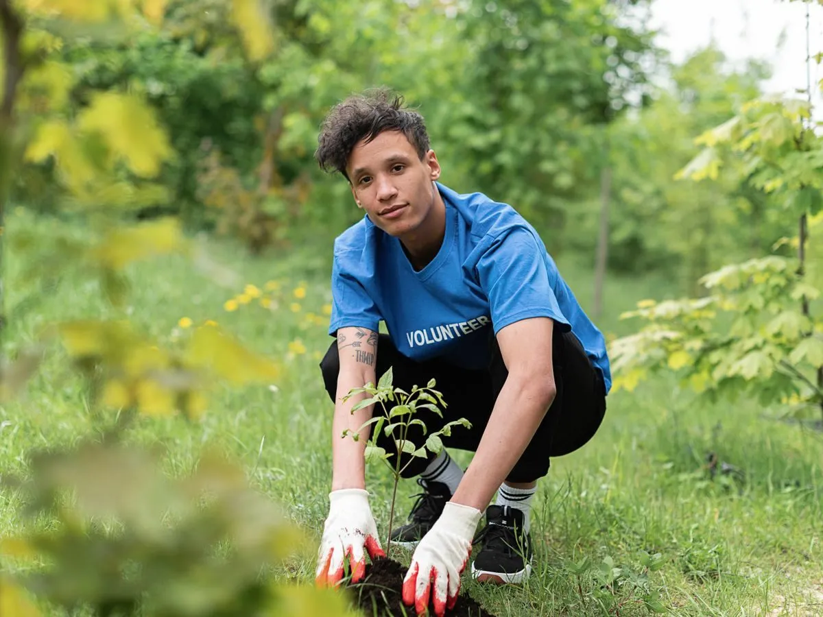 Volunteer planting a tree sapling