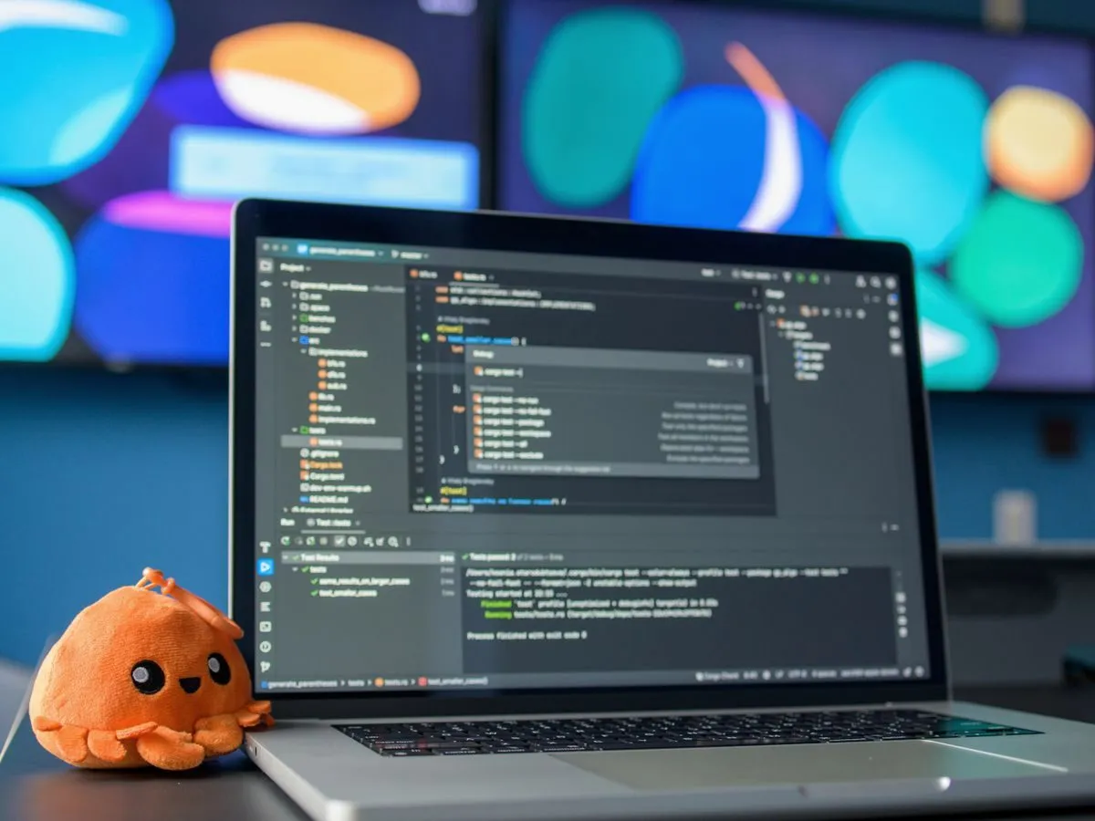 Laptop with a code editor in a modern workspace