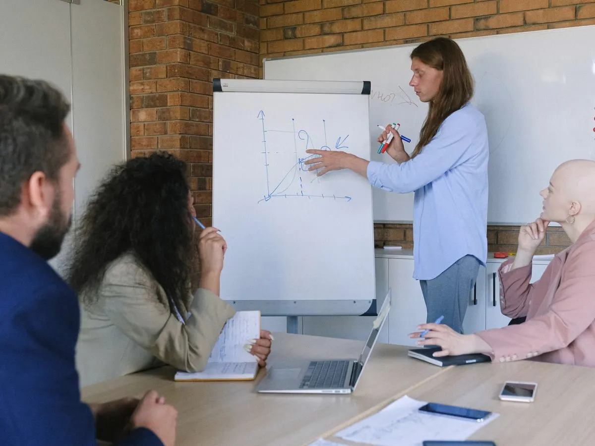 Colleagues listening to a presentation at a flipchart